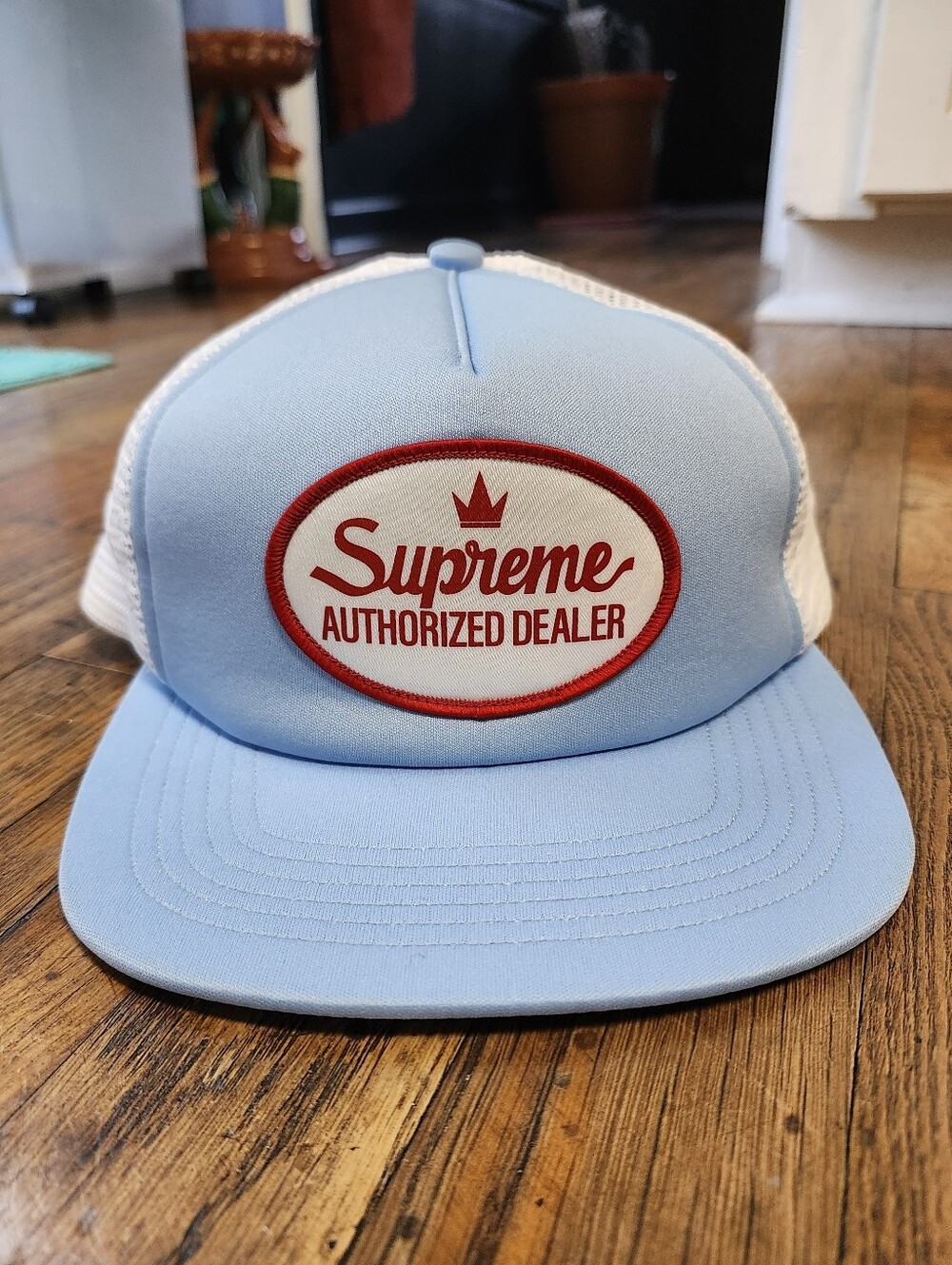 Supreme Authorized Dealer Baby Blue White Trucker Snapback Hat Stock X